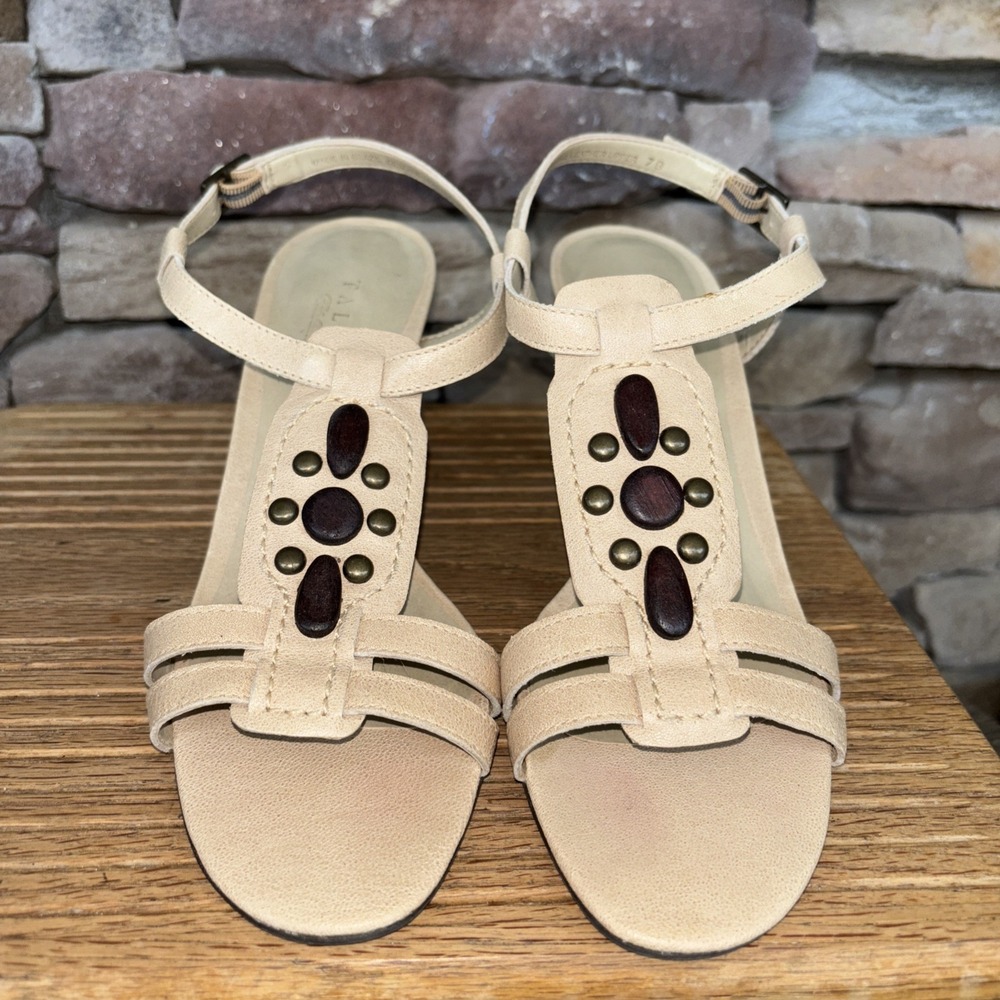 Talbots Adjustable ankle strap block heels 7 B Tan With Wood Stones And Studded